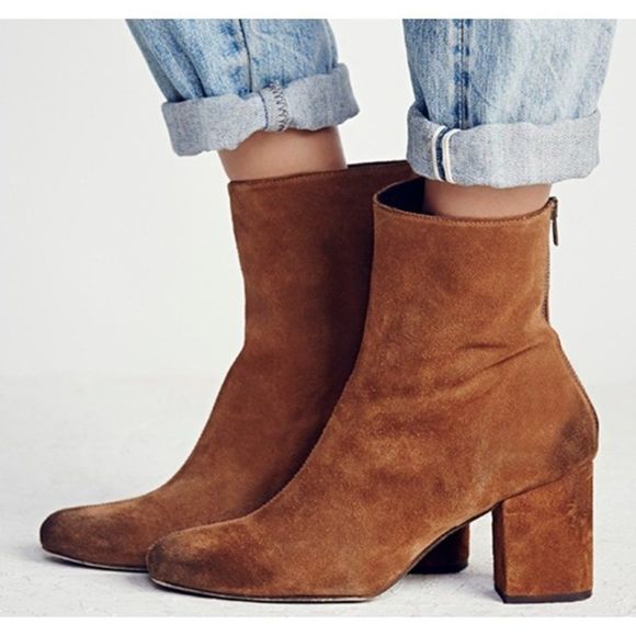Free People Shoes - Free People Cecile Camel Suede Ankle Booties Boots Block Heel Back Zip Size:39 E